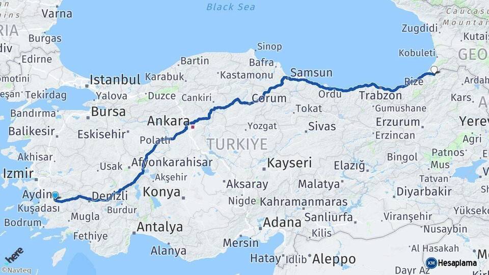 Aydın Borçka Artvin Arası Kaç Km - Yol Haritası