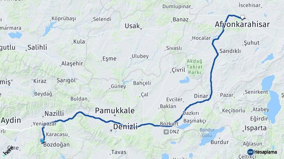 Aydın Bozdoğan Afyonkarahisar Arası Kaç Km - Yol Haritası