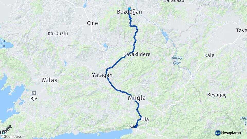Aydın Bozdoğan Akyaka Ula Muğla Arası Kaç Km - Yol Haritası