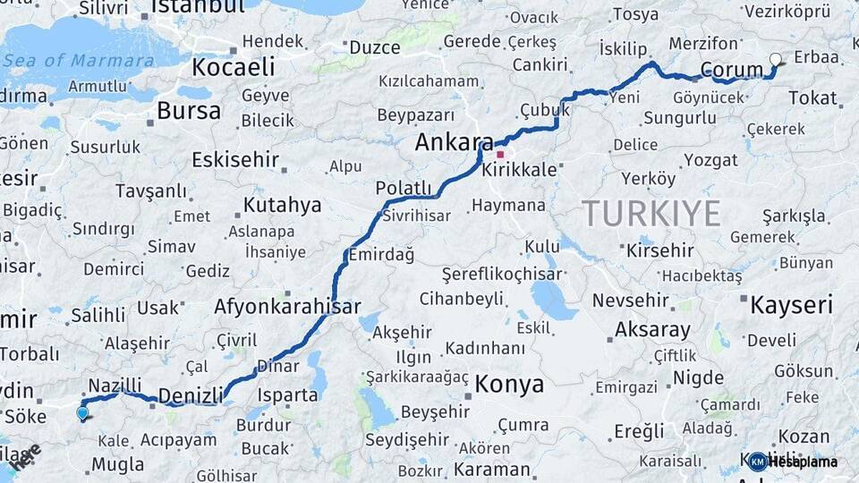 Aydın Bozdoğan Amasya Arası Kaç Km - Yol Haritası