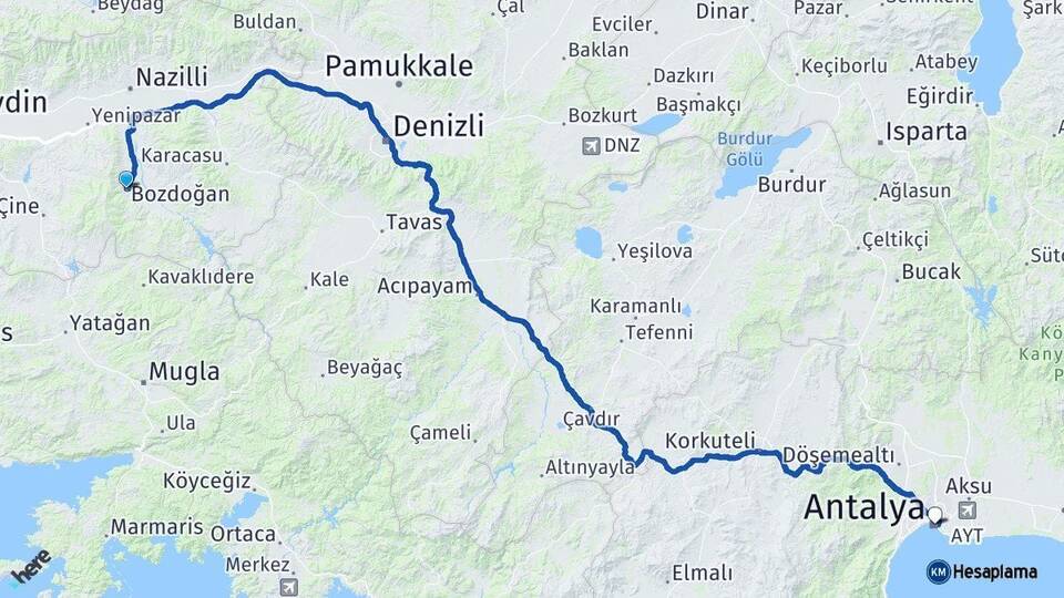 Aydın Bozdoğan Antalya Arası Kaç Km - Yol Haritası