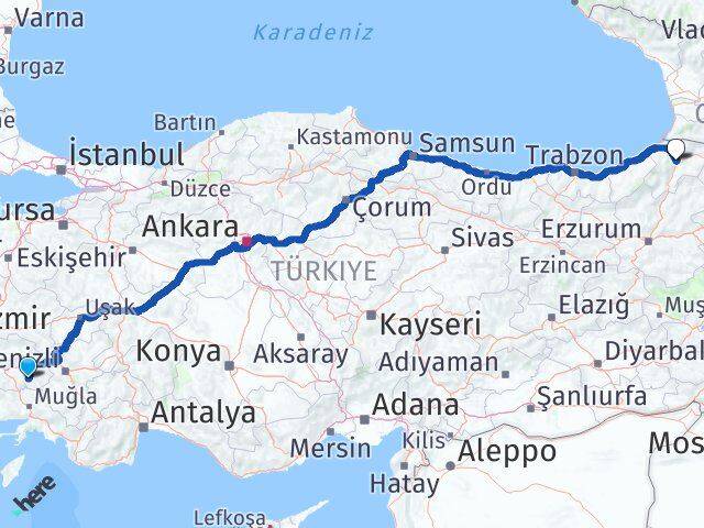 Aydın Bozdoğan Artvin Arası Kaç Km - Yol Haritası