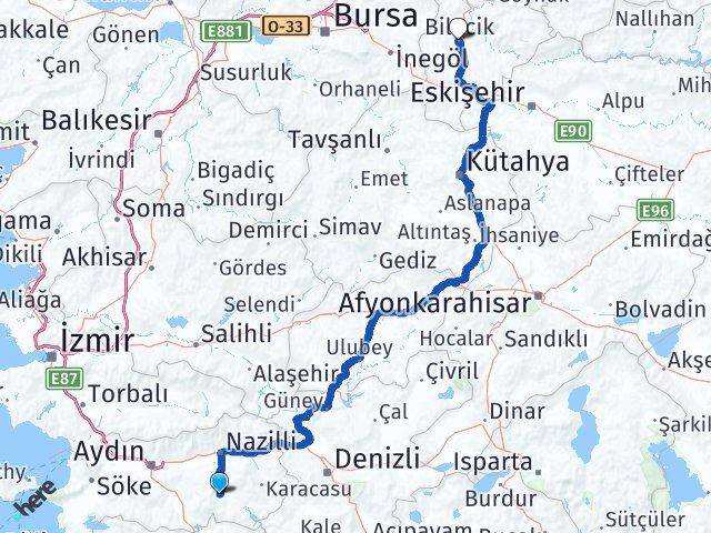 Aydın Bozdoğan Bilecik Arası Kaç Km - Yol Haritası