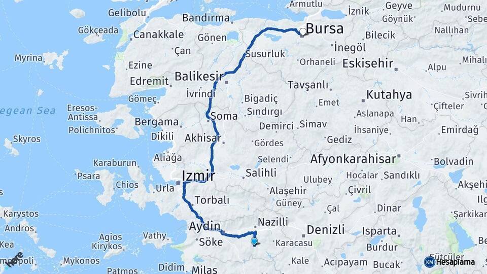 Aydın Bozdoğan Bursa Arası Kaç Km - Yol Haritası