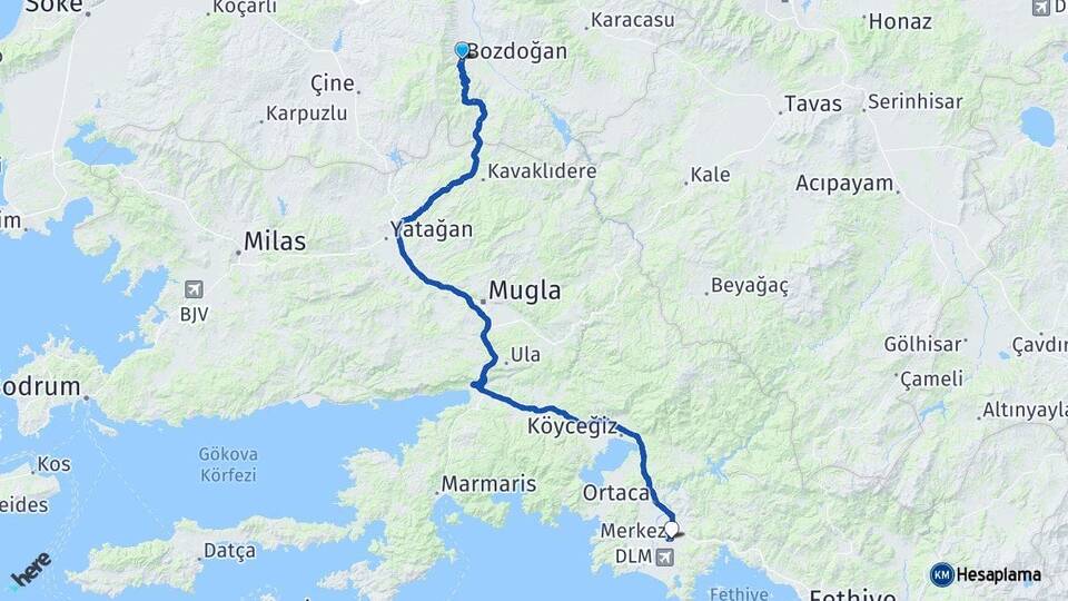 Aydın Bozdoğan Dalaman Muğla Arası Kaç Km - Yol Haritası