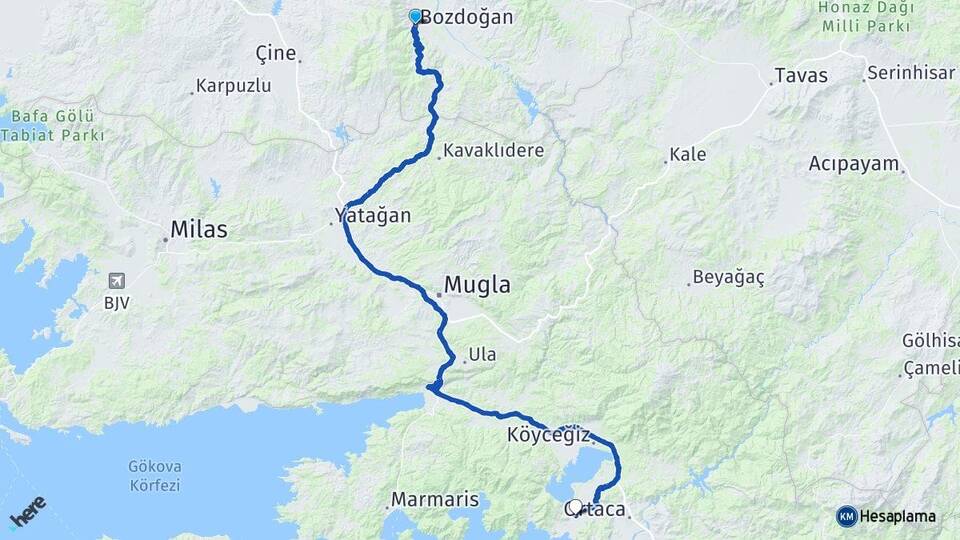 Aydın Bozdoğan Dalyan Ortaca Muğla Arası Kaç Km - Yol Haritası