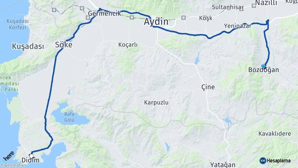 Aydın Bozdoğan Didim Arası Kaç Km - Yol Haritası
