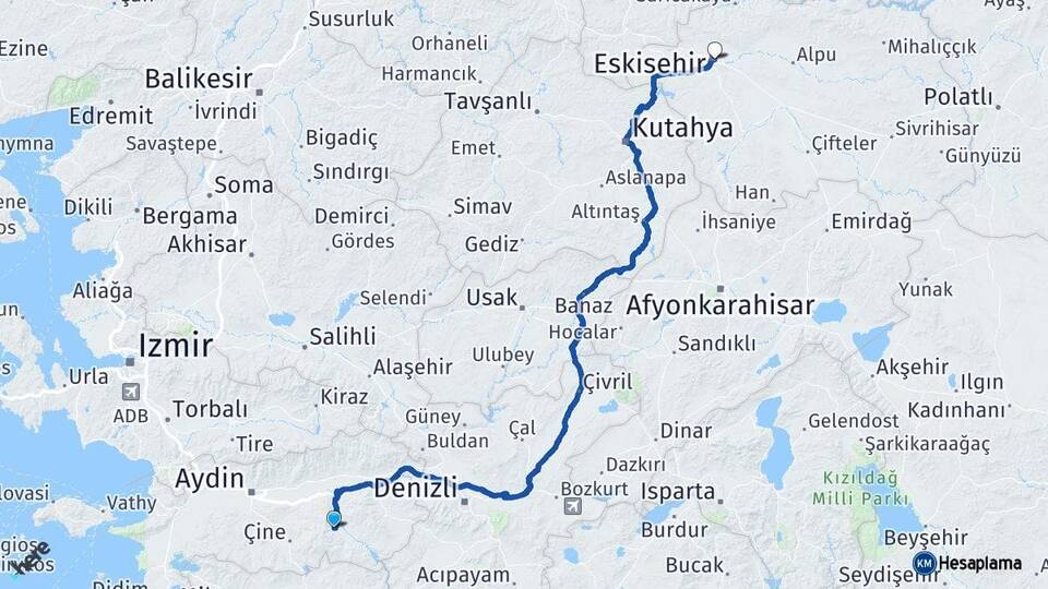 Aydın Bozdoğan Eskişehir Arası Kaç Km - Yol Haritası