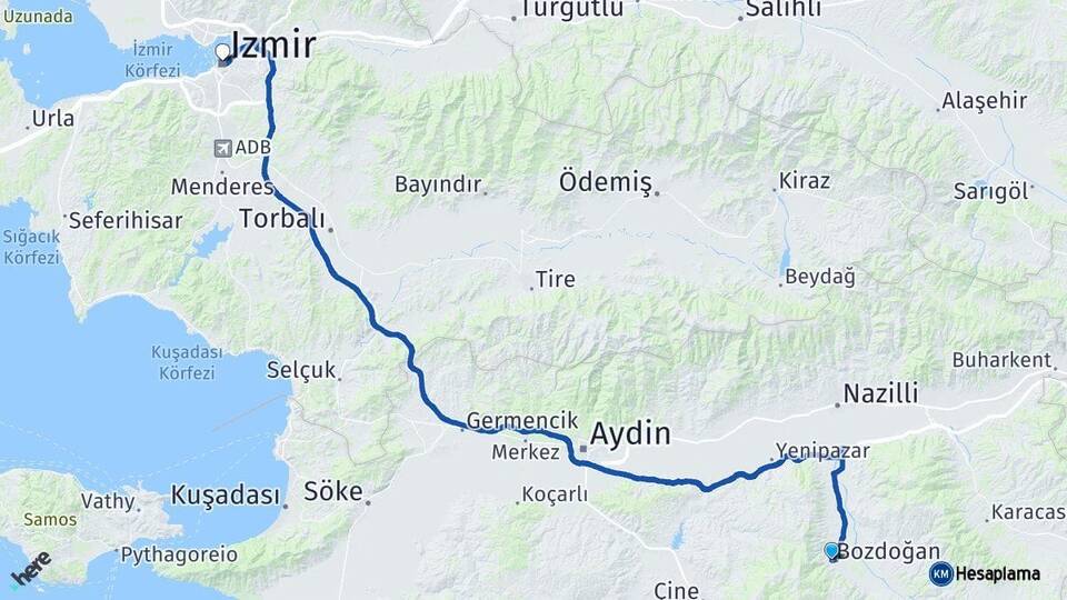 Aydın Bozdoğan İzmir Arası Kaç Km - Yol Haritası
