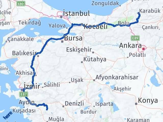 Aydın Bozdoğan Karabük Arası Kaç Km - Yol Haritası