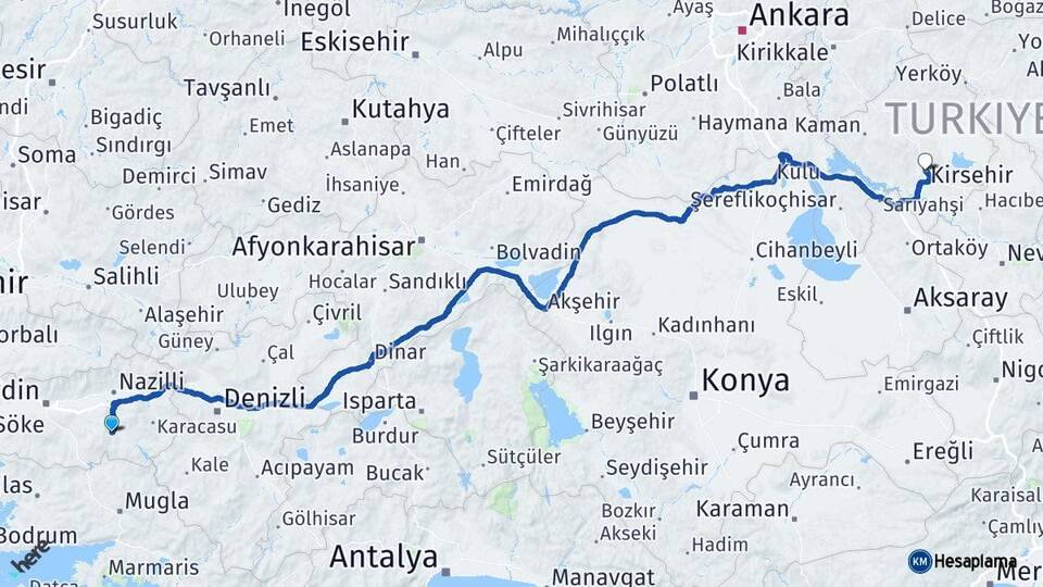 Aydın Bozdoğan Kırşehir Arası Kaç Km - Yol Haritası