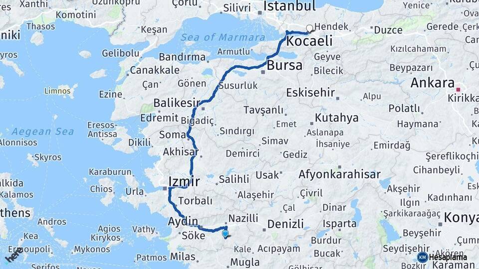 Aydın Bozdoğan Kocaeli Arası Kaç Km - Yol Haritası