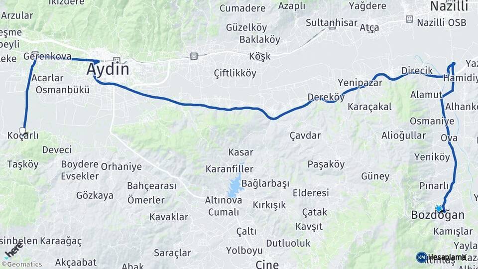 Aydın Bozdoğan Koçarlı Arası Kaç Km - Yol Haritası