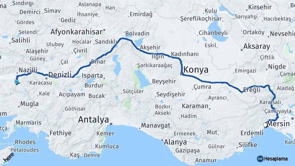 Aydın Bozdoğan Mersin Arası Kaç Km - Yol Haritası