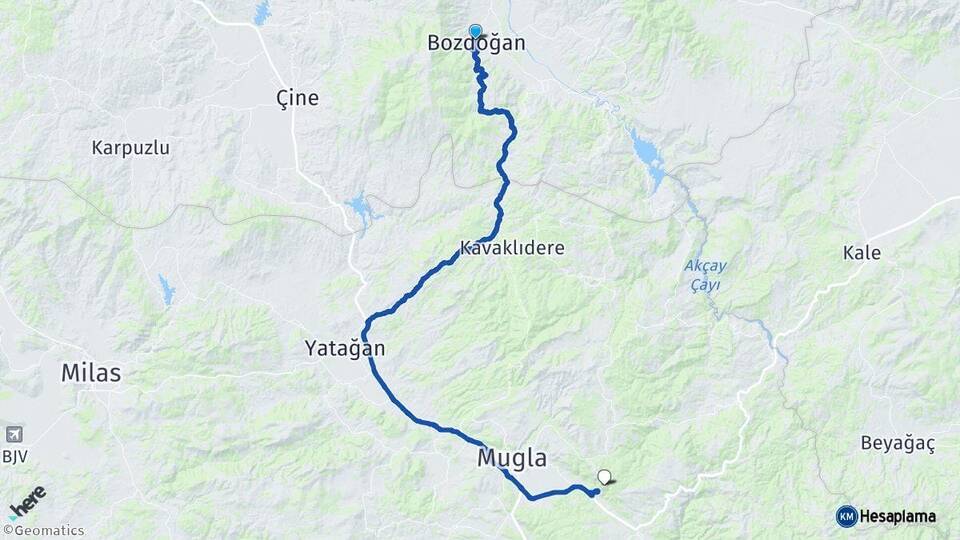 Aydın Bozdoğan Muğla Arası Kaç Km - Yol Haritası