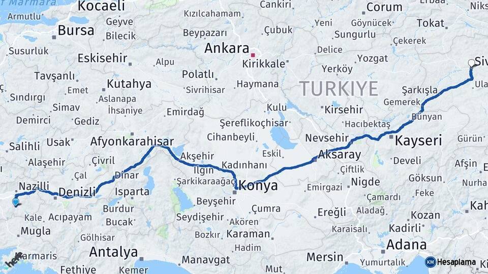 Aydın Bozdoğan Sivas Arası Kaç Km - Yol Haritası