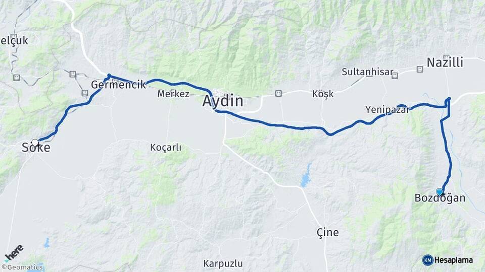 Aydın Bozdoğan Söke Arası Kaç Km - Yol Haritası