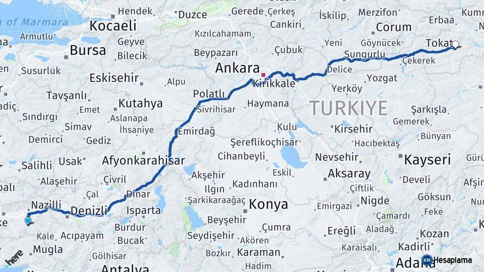Aydın Bozdoğan Tokat Arası Kaç Km - Yol Haritası