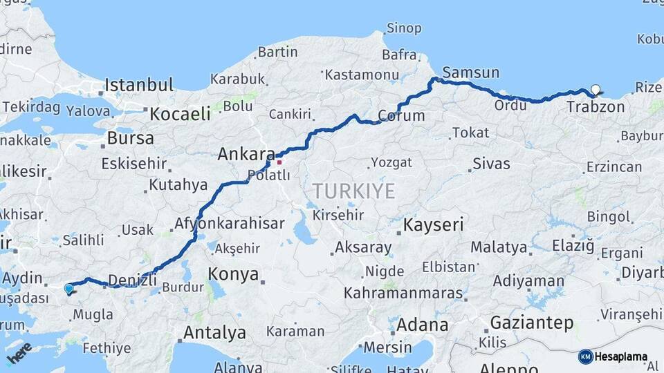 Aydın Bozdoğan Trabzon Arası Kaç Km - Yol Haritası