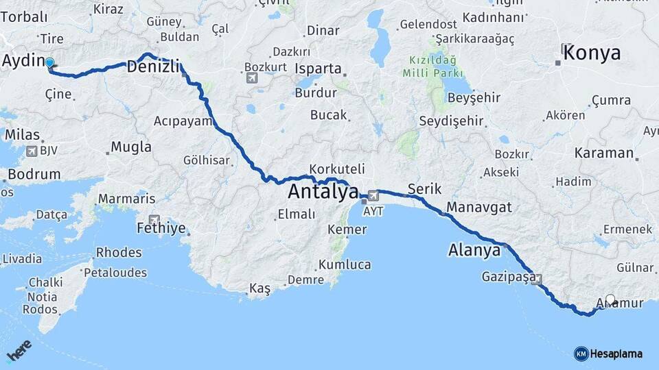 Aydın Bozyazı Mersin Arası Kaç Km - Yol Haritası