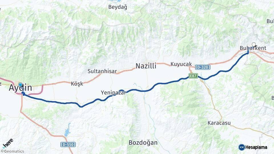 Aydın Buharkent Arası Kaç Km - Yol Haritası