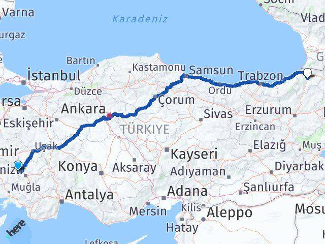 Aydın Buharkent Artvin Arası Kaç Km - Yol Haritası