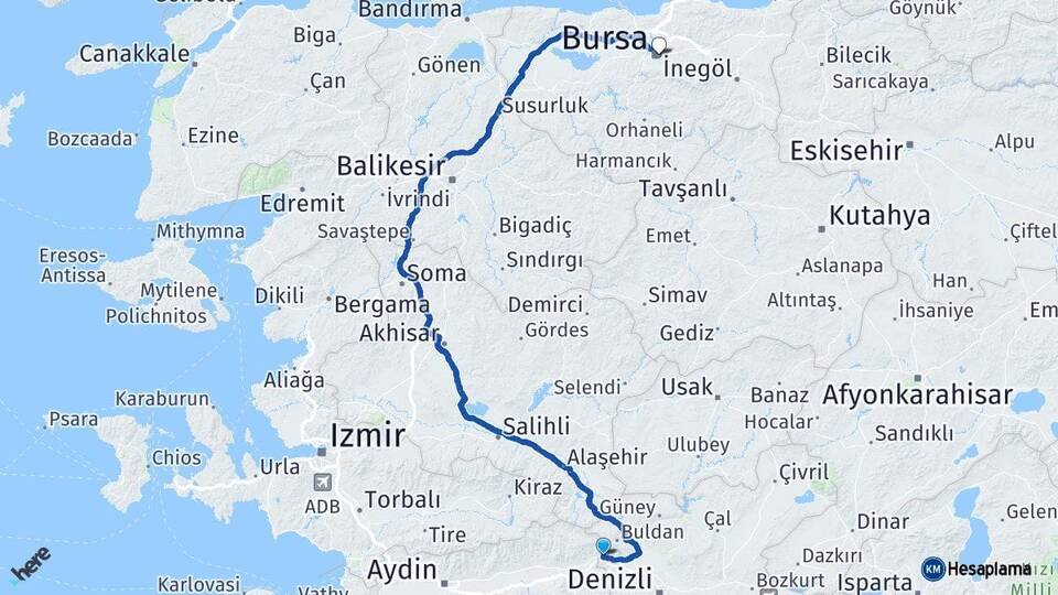 Aydın Buharkent Bursa Arası Kaç Km - Yol Haritası