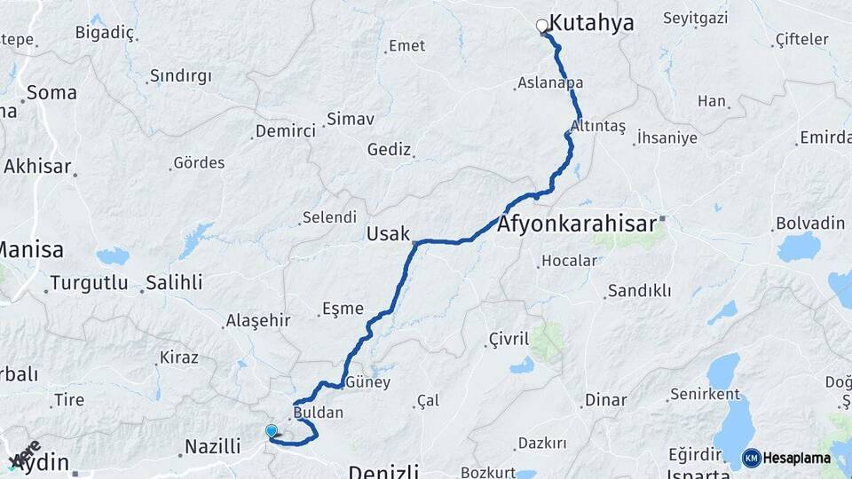 Aydın Buharkent Kütahya Arası Kaç Km - Yol Haritası