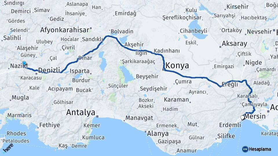 Aydın Buharkent Mersin Arası Kaç Km - Yol Haritası