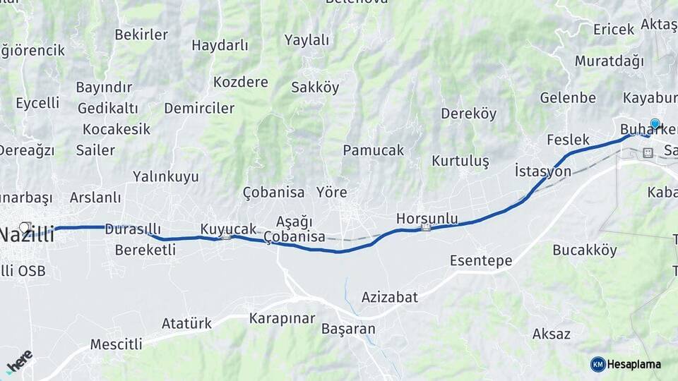 Aydın Buharkent Nazilli Arası Kaç Km - Yol Haritası