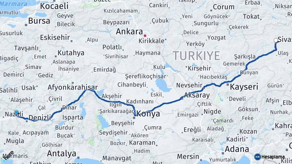 Aydın Buharkent Sivas Arası Kaç Km - Yol Haritası