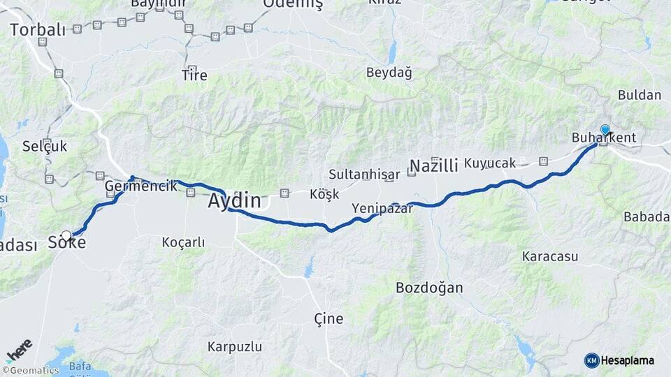 Aydın Buharkent Söke Arası Kaç Km - Yol Haritası