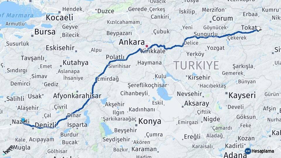 Aydın Buharkent Tokat Arası Kaç Km - Yol Haritası