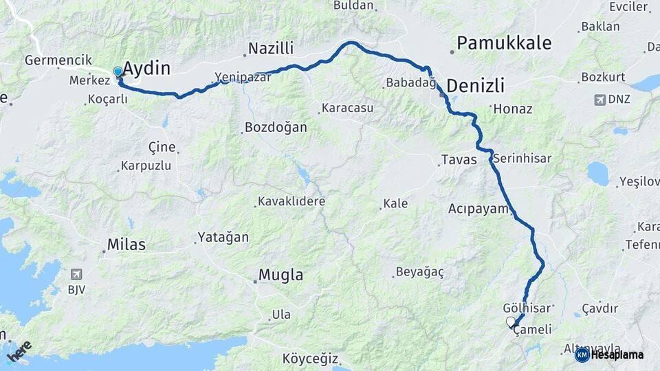 Aydın Çameli Denizli Arası Kaç Km - Yol Haritası
