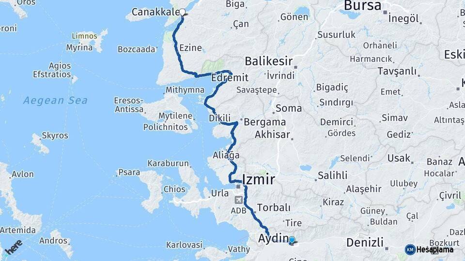 Aydın Çanakkale Arası Kaç Km - Yol Haritası