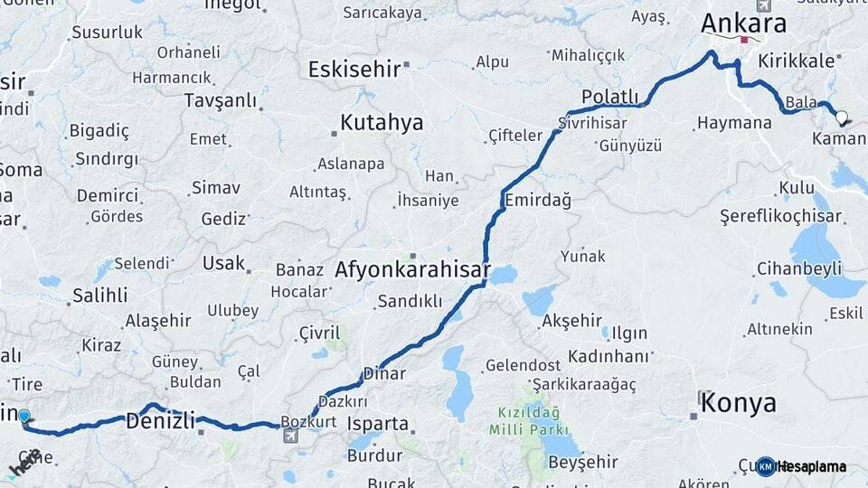 Aydın Çelebi Kırıkkale Arası Kaç Km - Yol Haritası