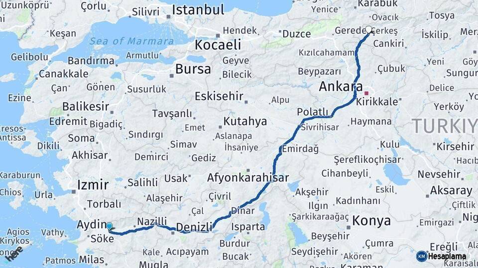 Aydın Çerkeş Çankırı Arası Kaç Km - Yol Haritası