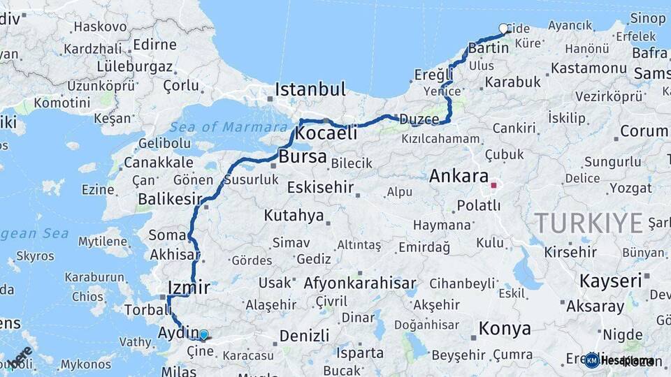 Aydın Cide Kastamonu Arası Kaç Km - Yol Haritası