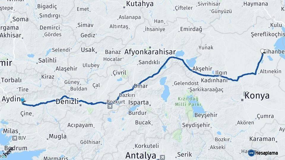 Aydın Cihanbeyli Konya Arası Kaç Km - Yol Haritası