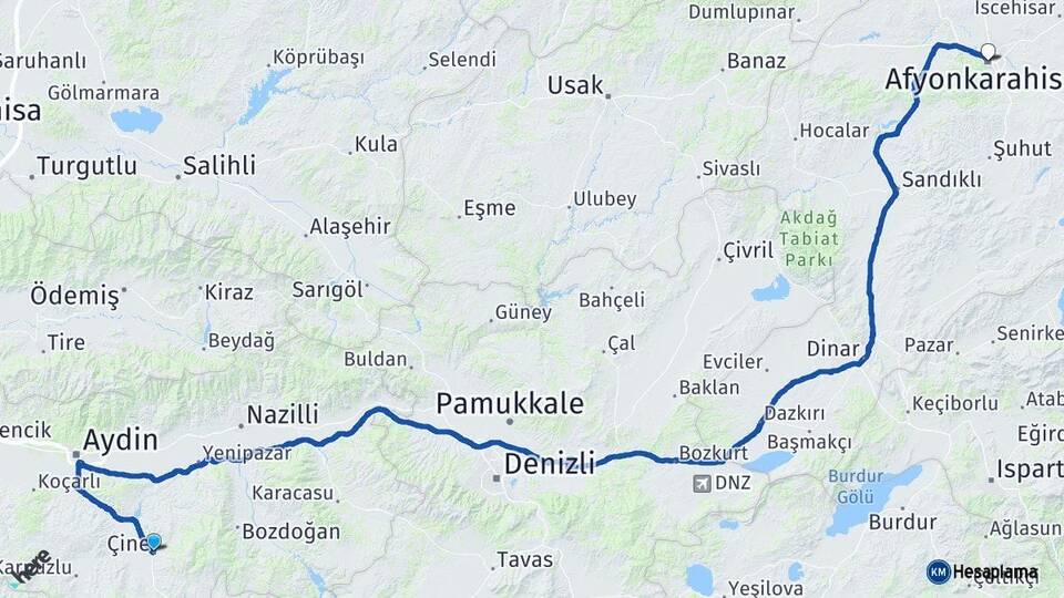 Aydın Çine Afyonkarahisar Arası Kaç Km - Yol Haritası