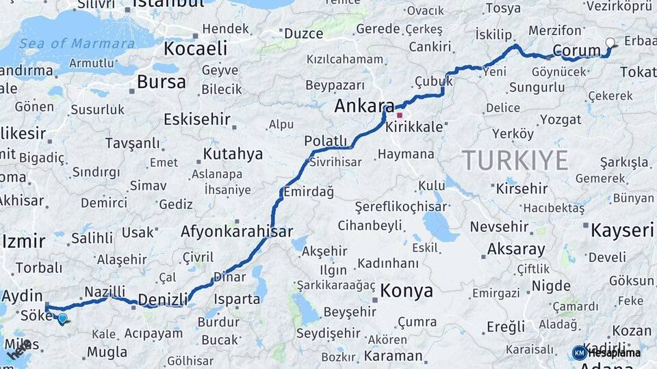 Aydın Çine Amasya Arası Kaç Km - Yol Haritası