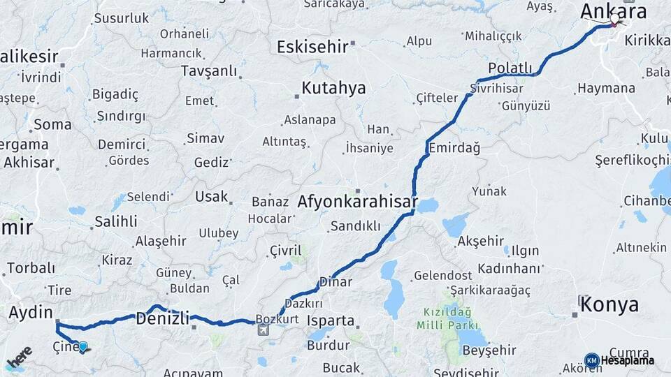 Aydın Çine Ankara Arası Kaç Km - Yol Haritası