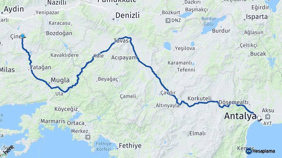 Aydın Çine Antalya Arası Kaç Km - Yol Haritası