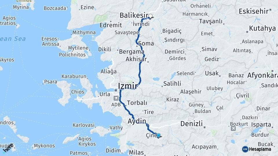 Aydın Çine Balıkesir Arası Kaç Km - Yol Haritası