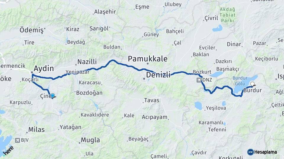 Aydın Çine Burdur Arası Kaç Km - Yol Haritası