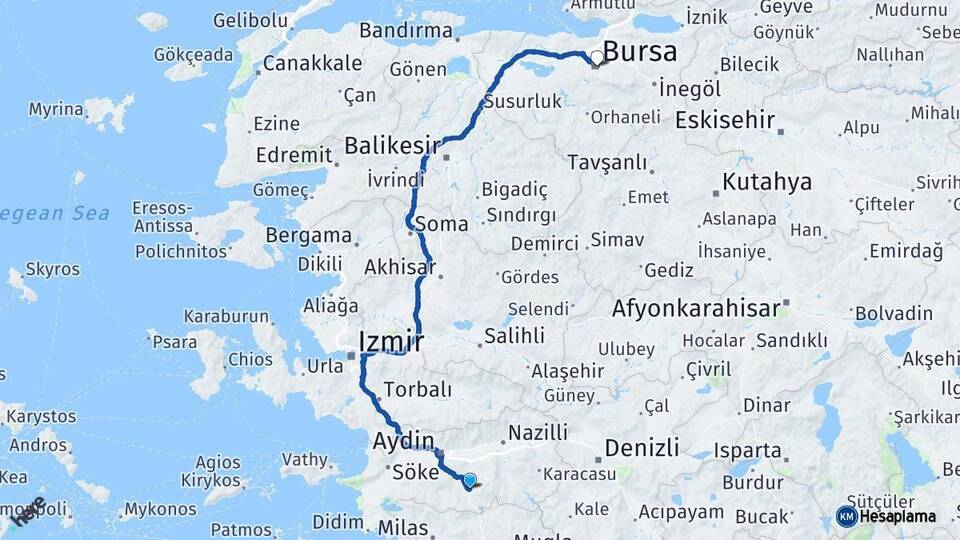 Aydın Çine Bursa Arası Kaç Km - Yol Haritası