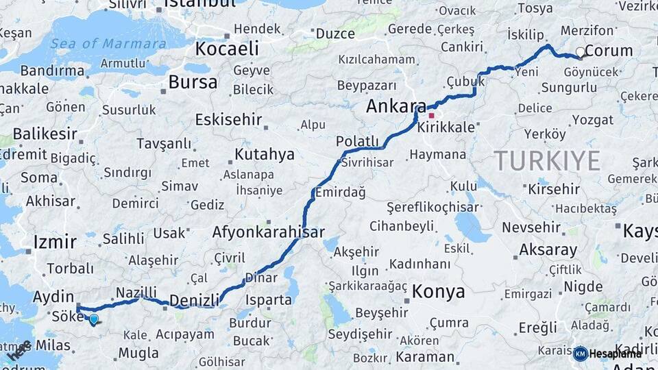 Aydın Çine Çorum Arası Kaç Km - Yol Haritası