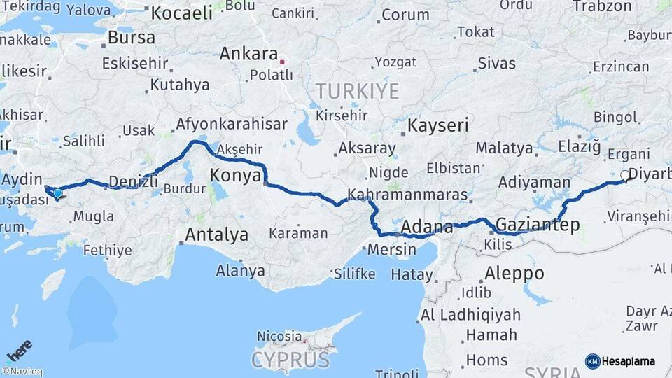 Aydın Çine Diyarbakır Arası Kaç Km - Yol Haritası