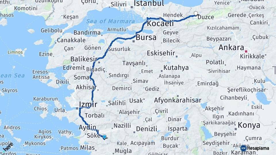 Aydın Çine Düzce Arası Kaç Km - Yol Haritası