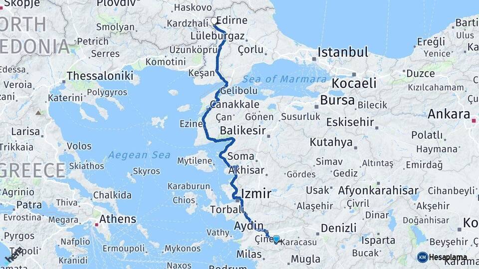Aydın Çine Edirne Arası Kaç Km - Yol Haritası